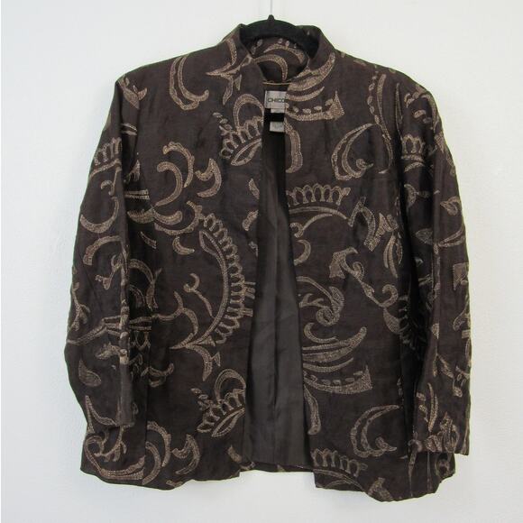 Chico's Size 1 Medium Brown Sparkle Design Lined Blazer Jacker Gold Embroidery - Picture 1 of 5